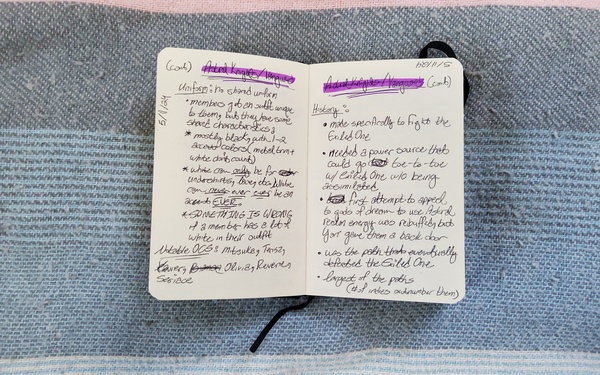 [ID: another photo of tiny notebook, open to some pages of notes. The pages are filled with crooked, loopy handwriting. End ID.]